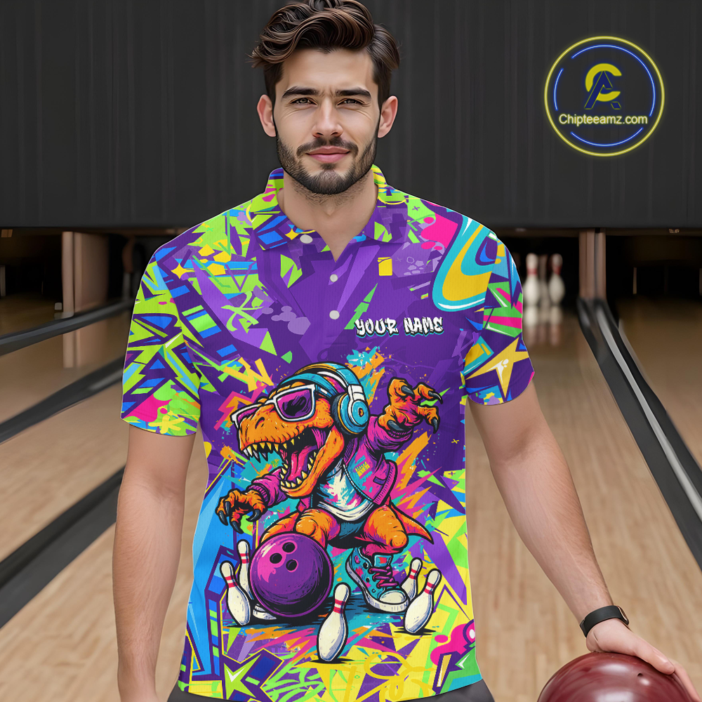 Custom Funny Graffiti Dinosaur Bowling Shirt Polo & 1/4 Zip Bowling Jersey for Men Bowling Outfit QZT795