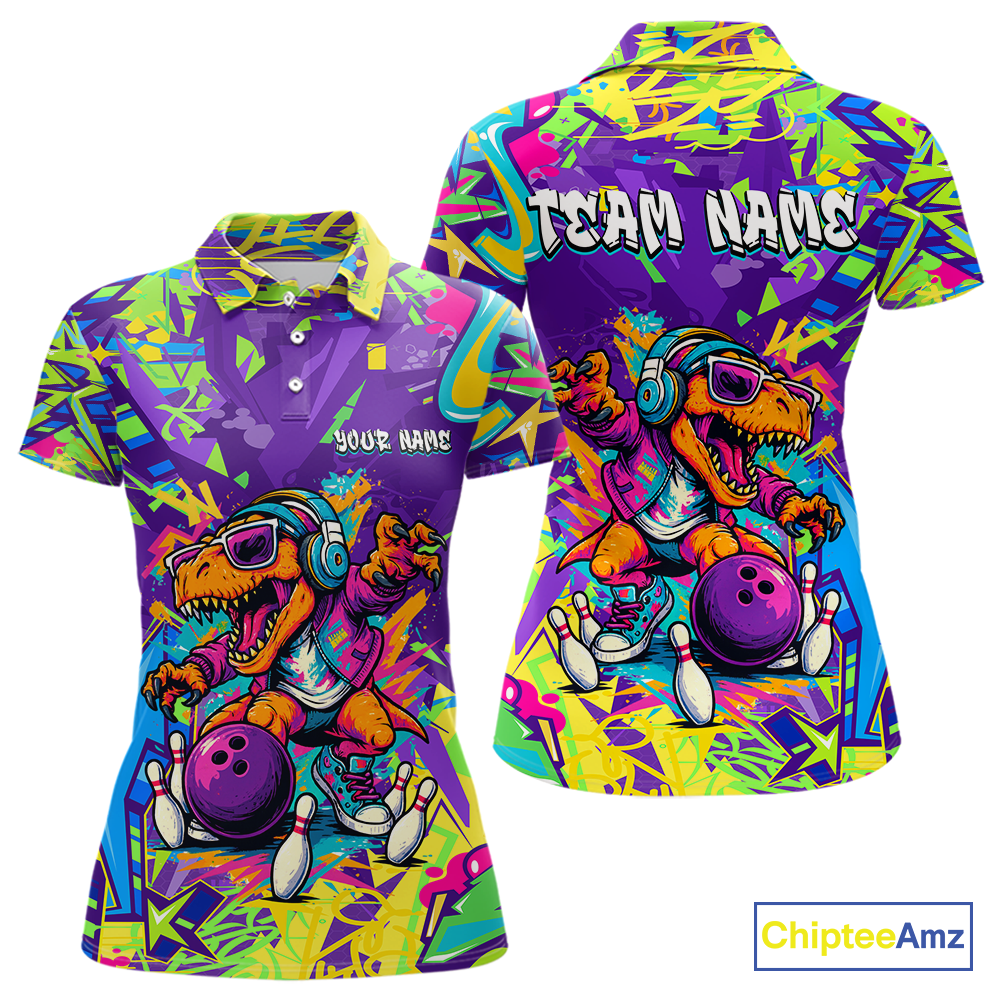 Custom Funny Graffiti Dinosaur Bowling Shirt Polo & 1/4 Zip Bowling Jersey for Women Bowling Outfit QZT795
