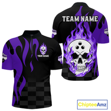 Load image into Gallery viewer, Purple Flame Skull Bowling Shirt Bowling Team Jersey for Men Polo &amp; 1/4-Zip Bowling Outfit QZT931