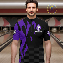 Load image into Gallery viewer, Purple Flame Skull Bowling Shirt Bowling Team Jersey for Men Polo &amp; 1/4-Zip Bowling Outfit QZT931