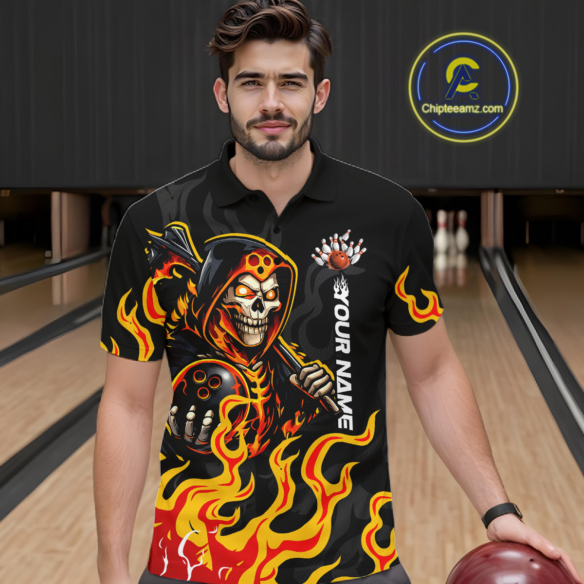 Custom Orange Flame Skull Bowling Shirt for Men Bowling Jersey League Bowling Gifts QZT842