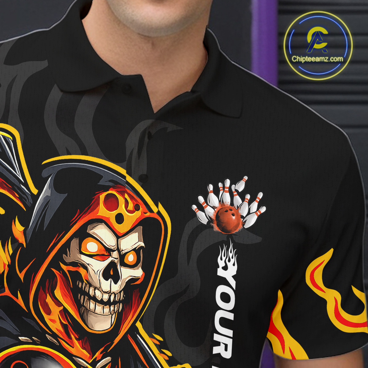Custom Orange Flame Skull Bowling Shirt for Men Bowling Jersey League Bowling Gifts QZT842