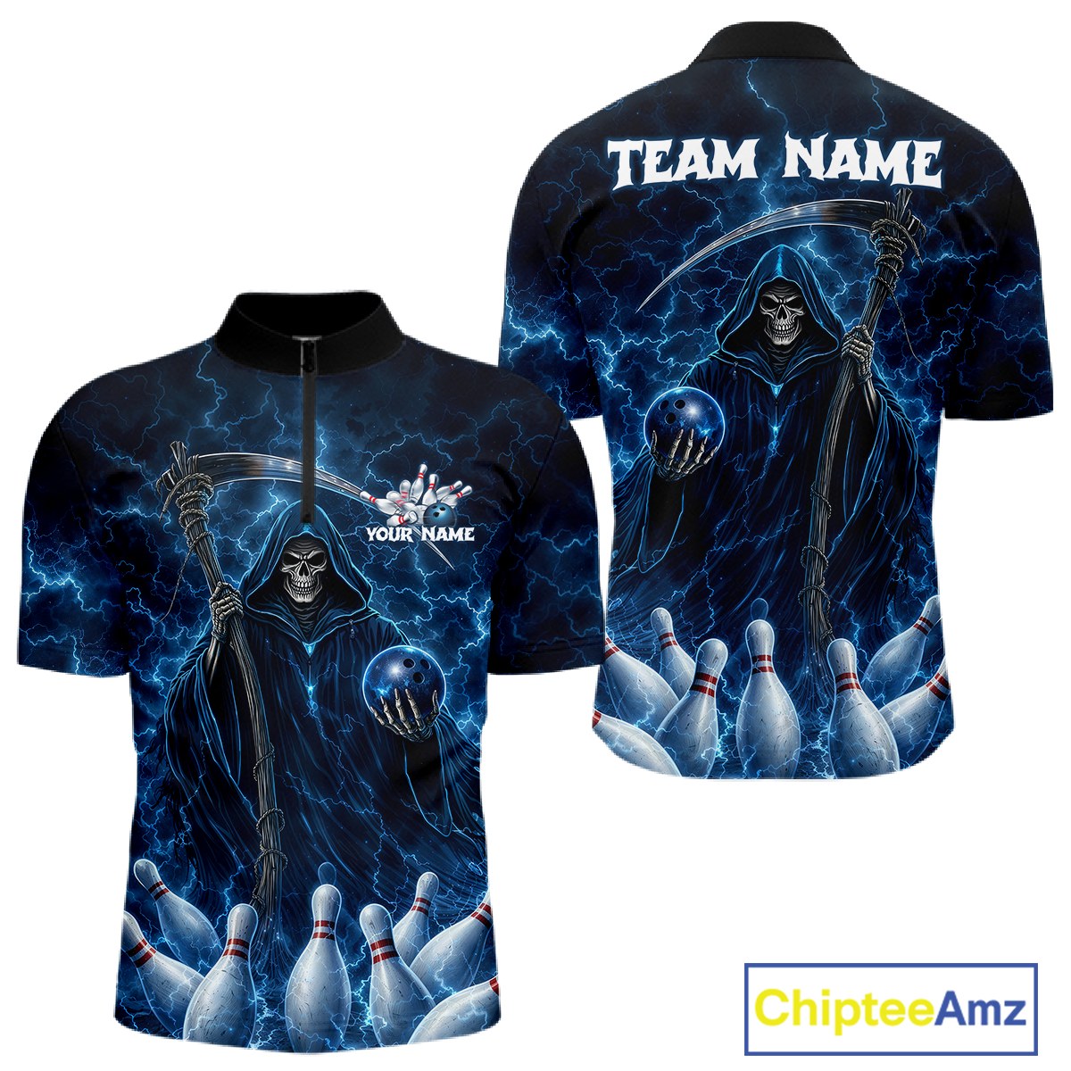 Blue Thunder Lightning Bowling Shirt for Men Bowling League Jersey Polo & Quarter-Zip Bowling Outfit QZT932
