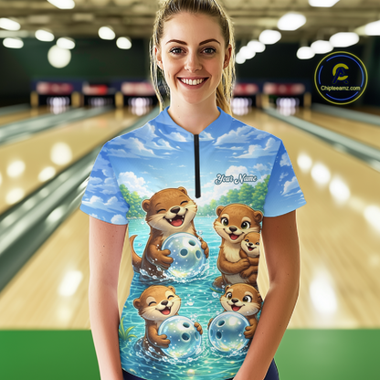 Custom Funny Otter Family Bowling Shirt DNA Bowling League Polo & 1/4-Zip Bowling Outfit for Women QZT933