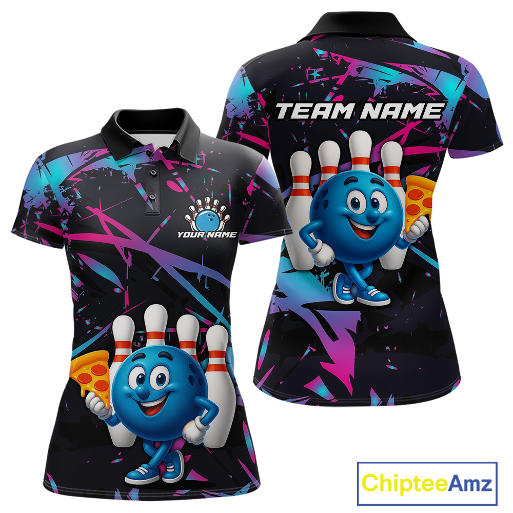 Custom Blue & Pink Funny Bowling with Food for Women Bowling Shirt Polo & 1/4 Zip QZT797