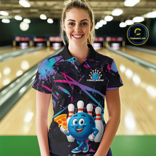 Load image into Gallery viewer, Custom Blue &amp; Pink Funny Bowling with Food for Women Bowling Shirt Polo &amp; 1/4 Zip QZT797