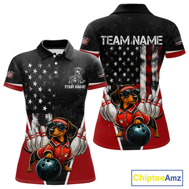 Custom short-sleeve polo shirt shown from front and back, featuring a black, white, and red American flag design with a cartoon dachshund bowling dog graphic, team name text on the back, and personalization options on the front.