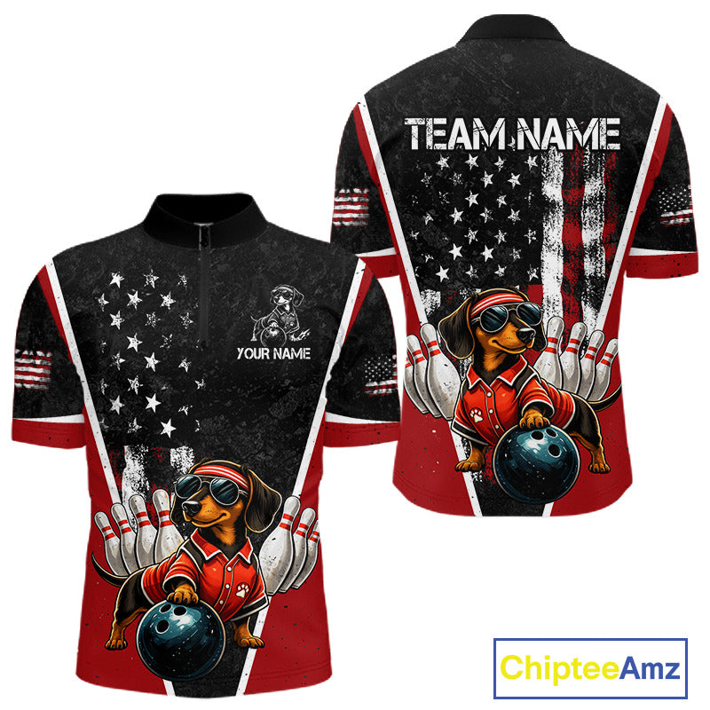 Custom bowling-themed short-sleeve crewneck shirt shown from the front and back. The design features a black and red American flag pattern with a cartoon dachshund bowling ball dog wearing a red bowling jersey and sunglasses, white bowling pins, and customizable text placeholders 'YOUR NAME' and 'TEAM NAME'.