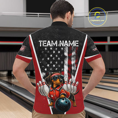 A man viewed from behind wearing a custom bowling-themed short-sleeve button-up shirt. The back of the shirt features a black upper section with 'TEAM NAME'.