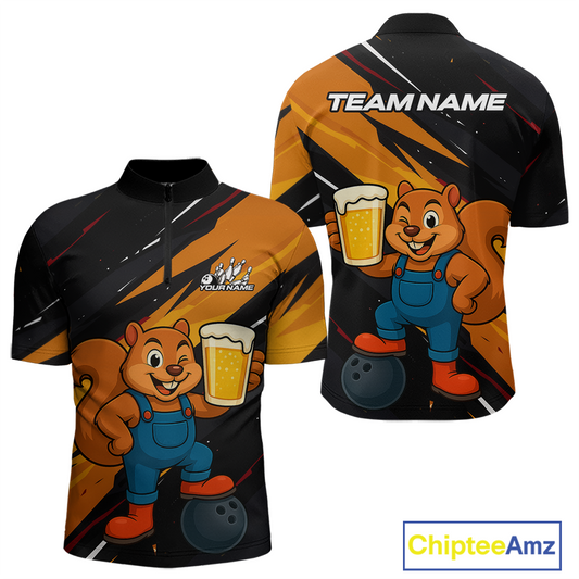 Funny Squirrel and Beer Bowling Team Shirt for Men Custom Bowling League Jersey Bowling Outfit QZT813