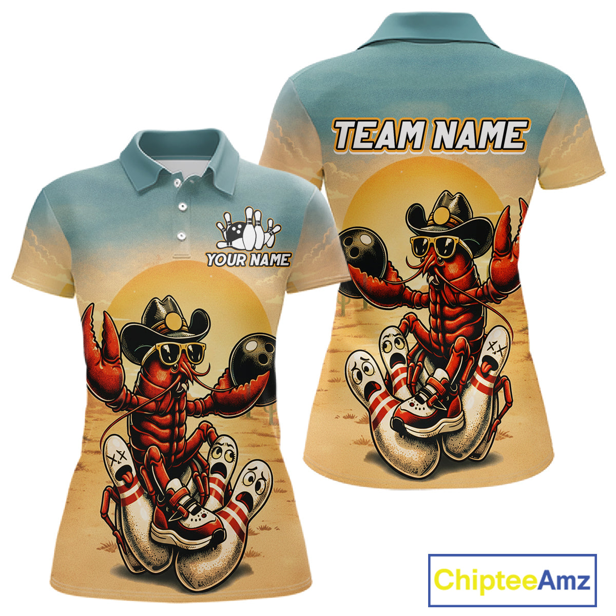 Polo shirt with a crawfish wearing a cowboy hat design on a beige and blue background, featuring 'Chiptee Amz' branding.