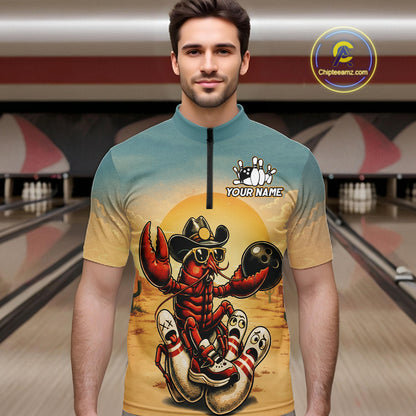 Man wearing a shirt with a crawfish bowling design in a bowling alley.
