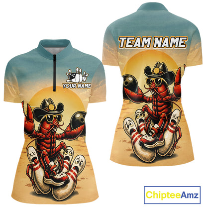 Two views of a shirt with a crawfish wearing a cowboy hat and sunglasses design, featuring 'Your Name' and 'Team Name' text.