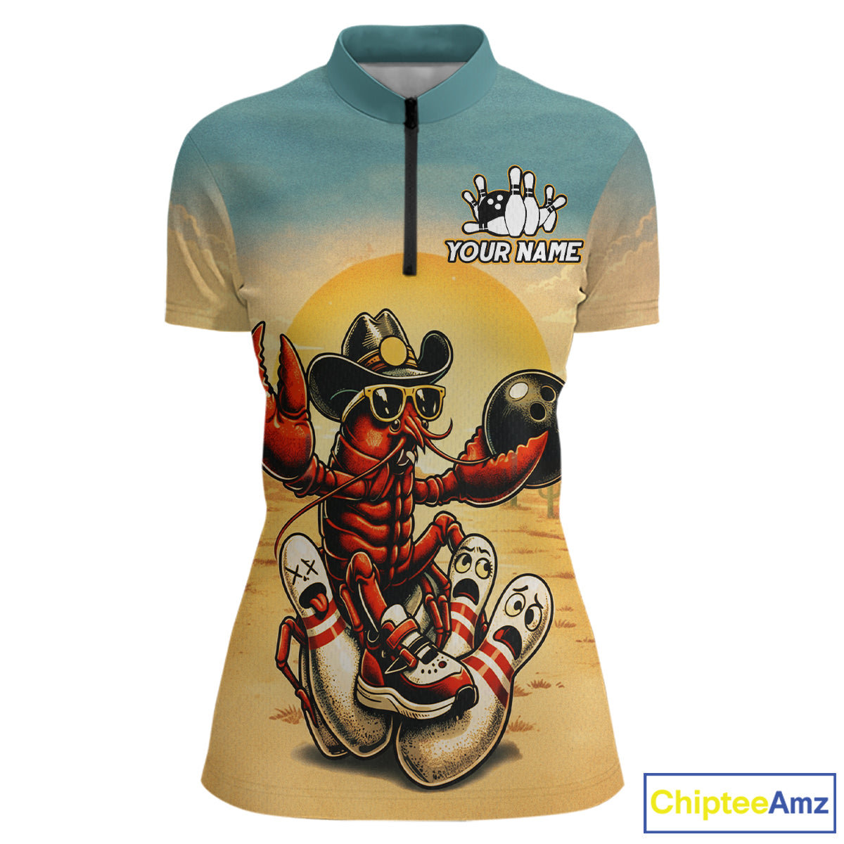 Bowling shirt with a crafish wearing sunglasses and a hat design, featuring 'Your Name' and 'ChipteeAmz' logos.