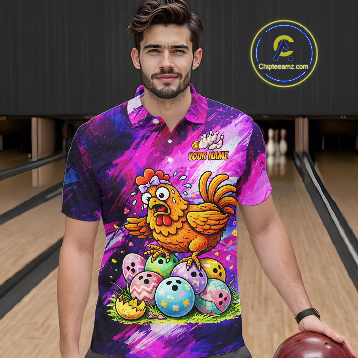 Custom Funny Chicken Bowling Team Shirt for Men Easter Bowling League Jersey Polo & 1/4-Zip QZT939