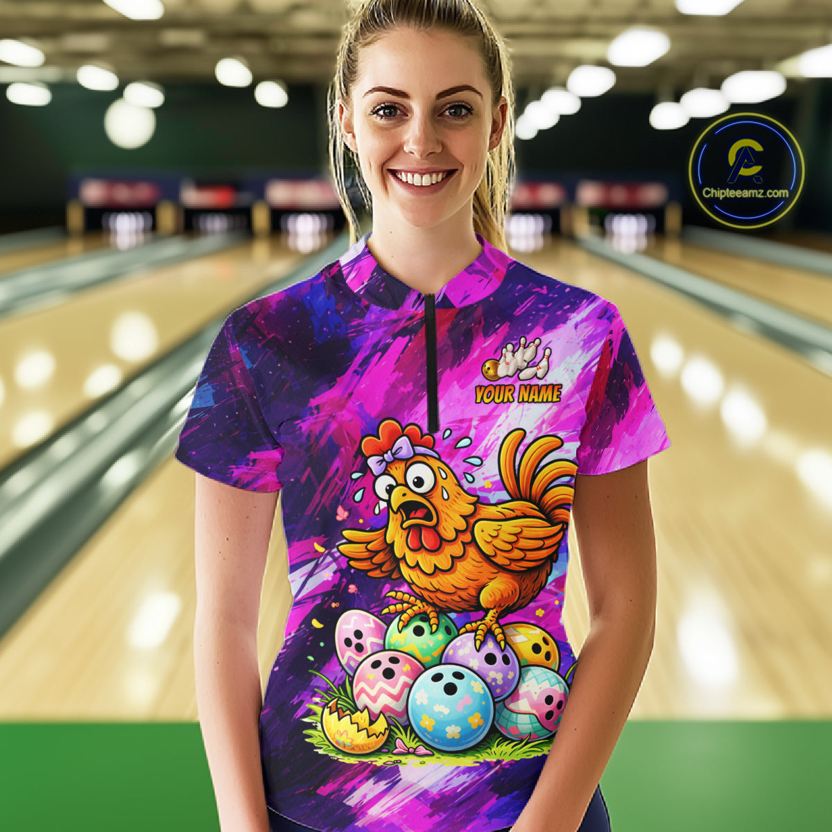 Custom Funny Chicken Bowling Team Shirt for Women Easter Bowling League Jersey Polo & 1/4-Zip QZT939