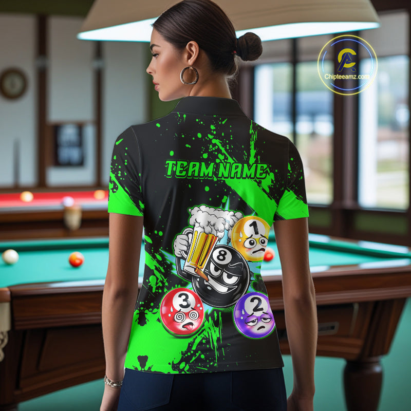 Custom Green Funny 8 Ball Pool Billiard Team Shirts for Women Billiard League Jersey Polo &1/4 Zip BHT2