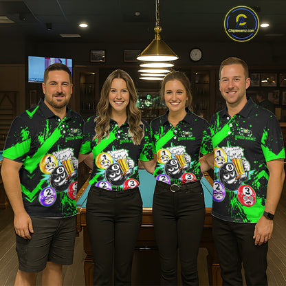 Custom Green Funny 8 Ball Pool Billiard Team Shirts for Men Billiard League Jersey Polo &1/4 Zip BHT2