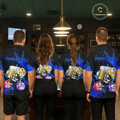 Custom Blue Funny 8 Ball Pool Billiard Team Shirts for Women Billiard League Jersey Polo &1/4 Zip BHT2