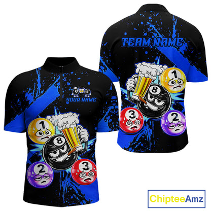 Custom Blue Funny 8 Ball Pool Billiard Team Shirts for Men Billiard League Jersey Polo &1/4 Zip BHT2