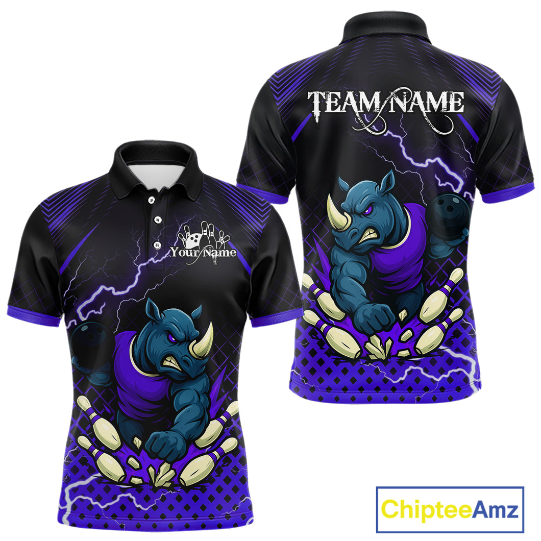 Custom Funny Purple Rhino Bowling Team Shirt for Men Bowling Jersey Polo, Quarter-Zip Outfit QZT805