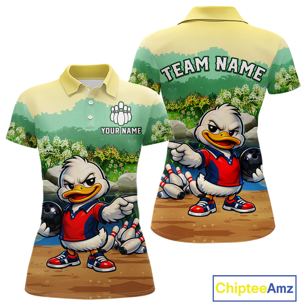 Front and back view mockup with a cartoon duck character and customizable text on a white background.