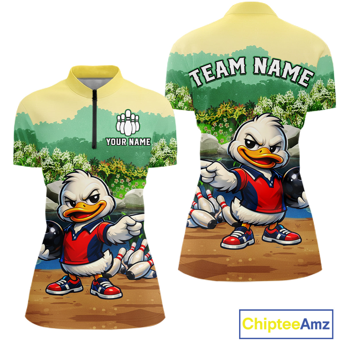 Front and back view mockup with a cartoon duck character and customizable text on a white background.
