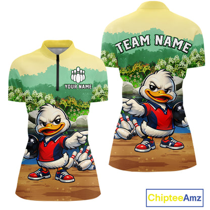 Front and back view mockup with a cartoon duck character and customizable text on a white background.
