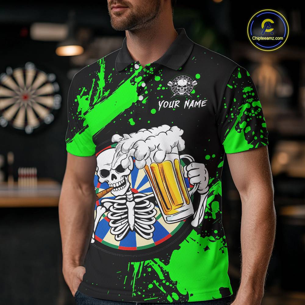 Custom Green Skeleton Dart Jersey for Team Polo & 1/4 Zip Beer Dartboard Shirts Dart Jerseys Gift for Men DHT3