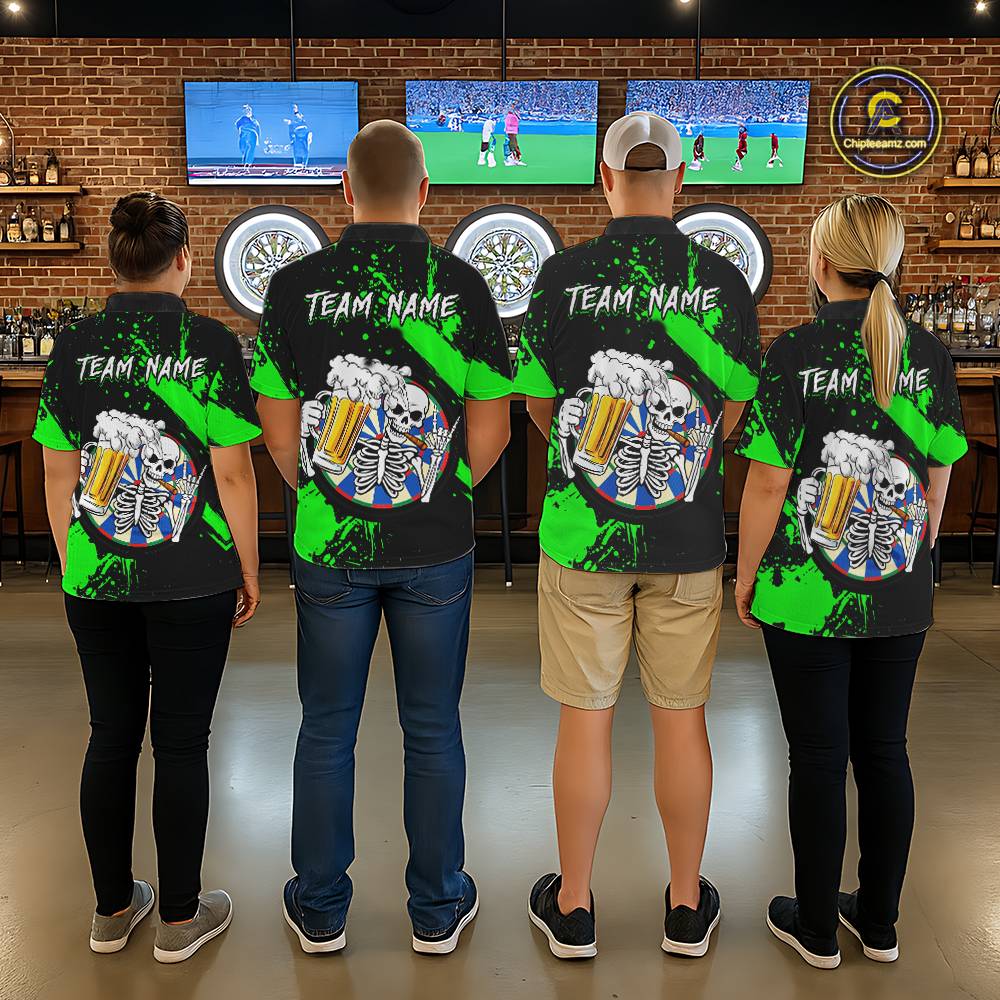 Custom Green Skeleton Dart Jersey for Team Polo & 1/4 Zip Beer Dartboard Shirts Dart Jerseys Gift for Women DHT3