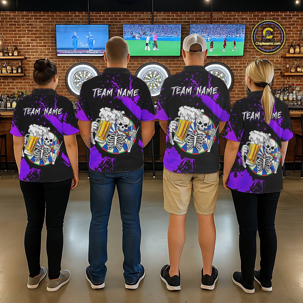 Custom Purple Skeleton Dart Jersey for Team Polo & 1/4 Zip Beer Dartboard Shirts Dart Jerseys Gift for Women DHT3