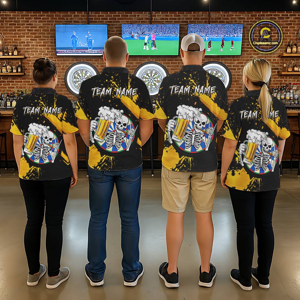 Custom Yellow Skeleton Dart Jersey for Team Polo & 1/4 Zip Beer Dartboard Shirts Dart Jerseys Gift for Men DHT3