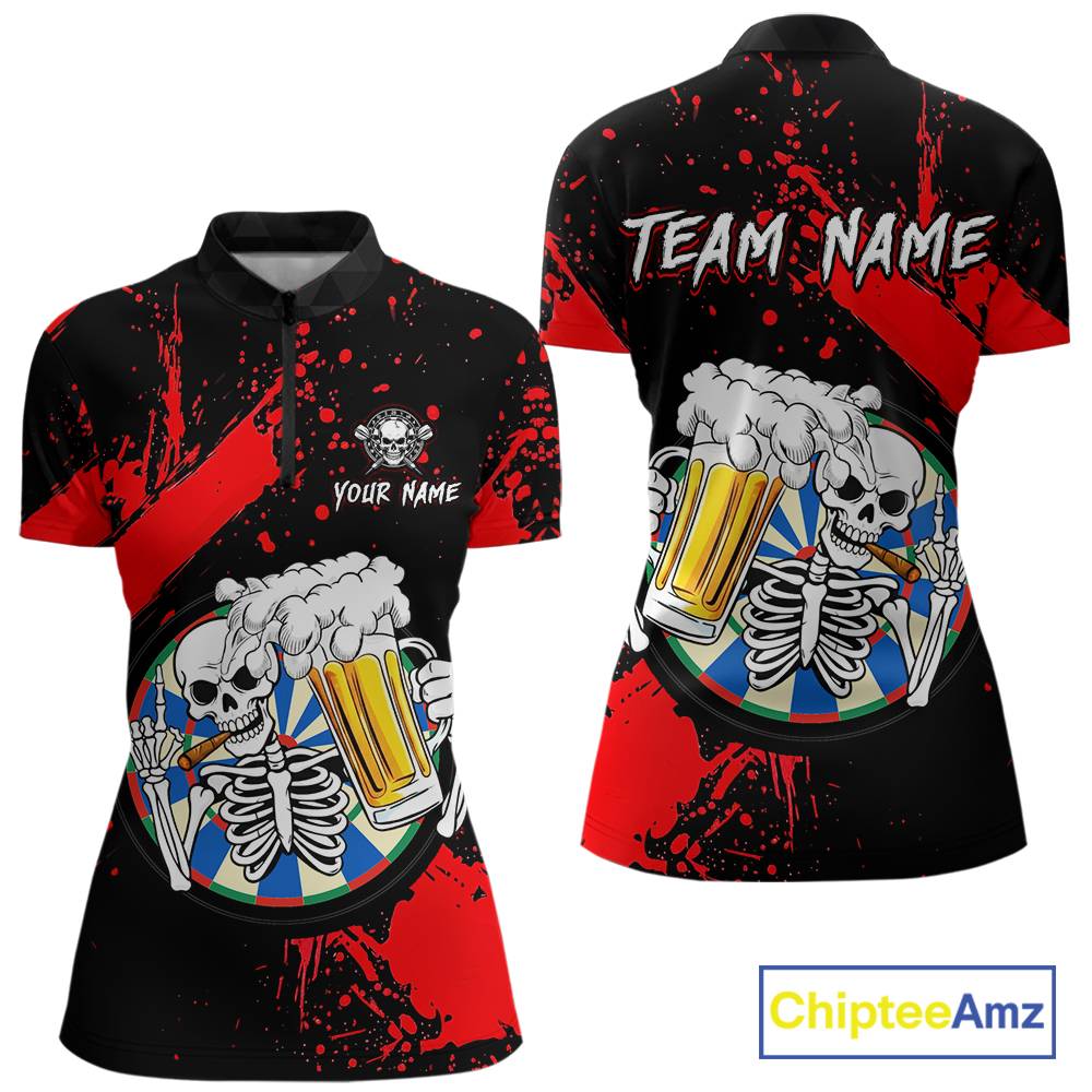 Custom Red Skeleton Dart Jersey for Team Polo & 1/4 Zip Beer Dartboard Shirts Dart Jerseys Gift for Women DHT3
