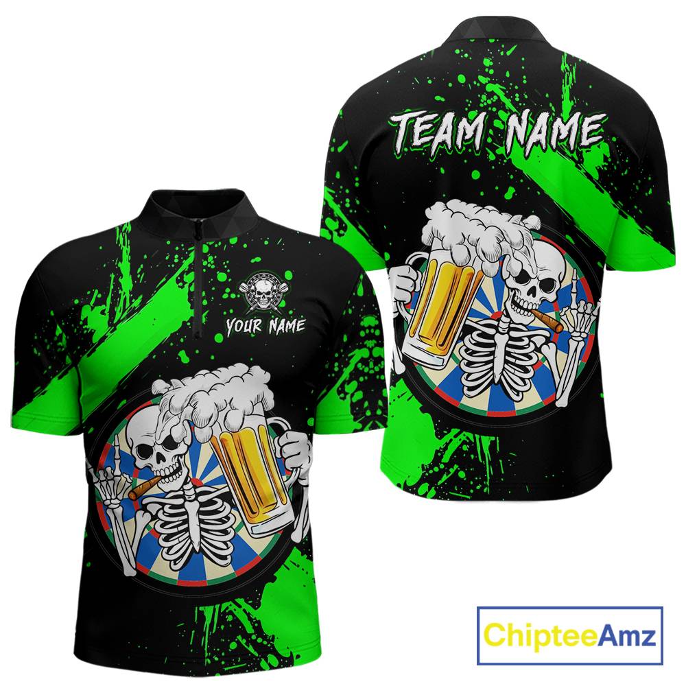 Custom Green Skeleton Dart Jersey for Team Polo & 1/4 Zip Beer Dartboard Shirts Dart Jerseys Gift for Men DHT3