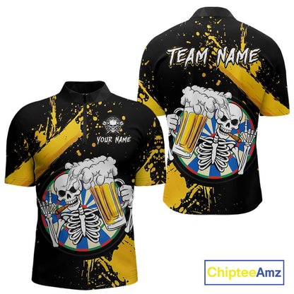 Custom Yellow Skeleton Dart Jersey for Team Polo & 1/4 Zip Beer Dartboard Shirts Dart Jerseys Gift for Men DHT3