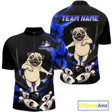 Load image into Gallery viewer, Custom Blue Funny Pug Dog Bowling League Shirt for Men Polo &amp; 1/4-Zip Bowling Jersey for Team QZT906