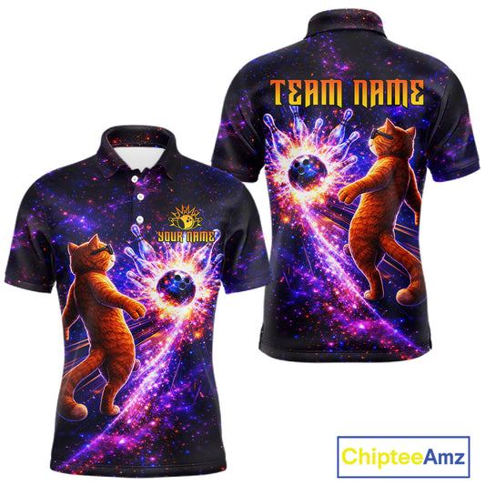 Galaxy Funny Cat Bowling Shirt for Men Custom Bowling League Jersey Polo & Quarter-Zip Bowler Gift QZT918