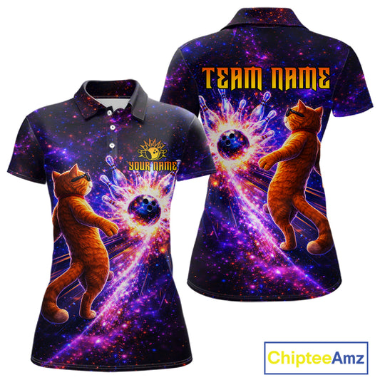 Galaxy Funny Cat Bowling Shirt for Women Custom Bowling League Jersey Polo & Quarter-Zip Bowler Gift QZT918