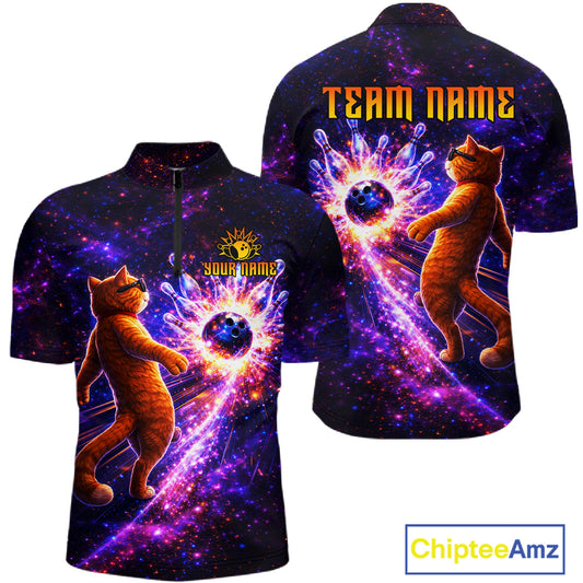 Galaxy Funny Cat Bowling Shirt for Men Custom Bowling League Jersey Polo & Quarter-Zip Bowler Gift QZT918