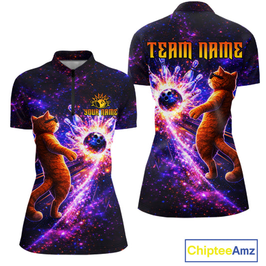 Galaxy Funny Cat Bowling Shirt for Women Custom Bowling League Jersey Polo & Quarter-Zip Bowler Gift QZT918