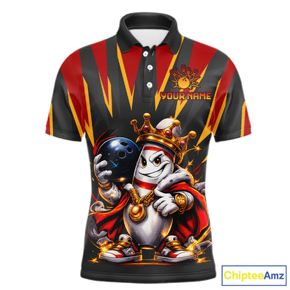 Polo shirt with a cartoon character holding a bowling ball on a black background, featuring the brand 'ChipteeAmz'.