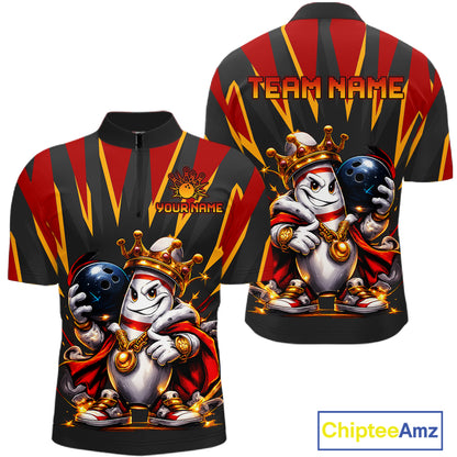 Bowling shirt with cartoon character design and customizable text on a white background