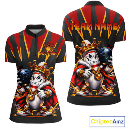 Custom Funny King Pins Bowling Shirt for Women Bowling Team Jersey Bowling Buddies Outfit Polo & 1/4 Zip QZT947