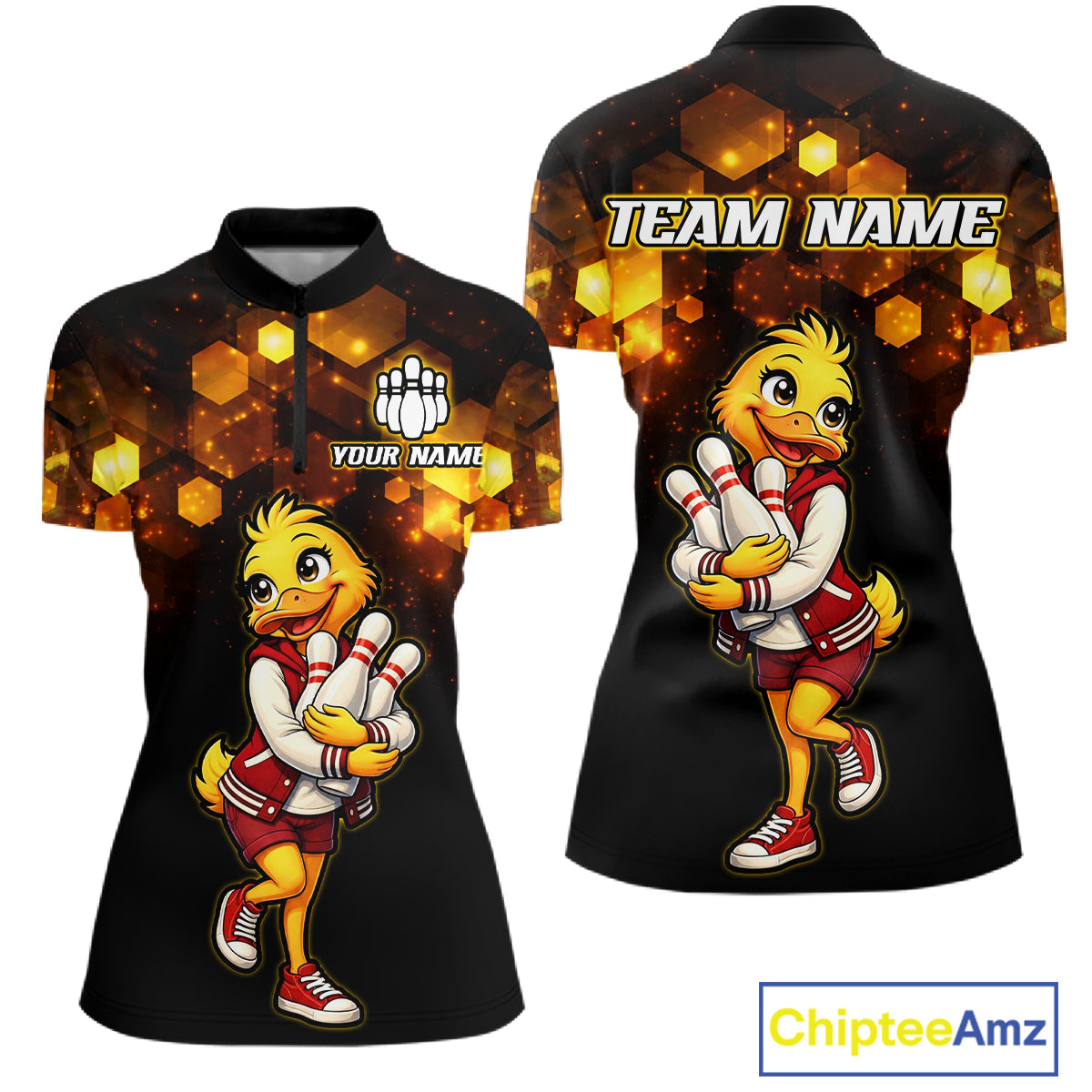 Custom Black & Gold Funny Duck Bowling Shirt for Women Bowling Jersey League for Couples QZT873
