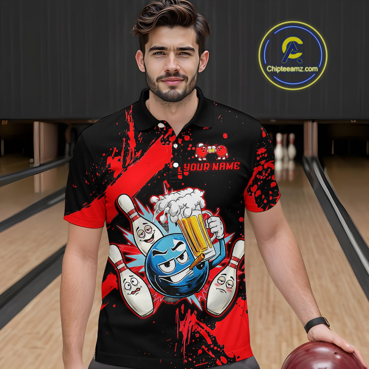 Custom Red Funny Beer Bowling Shirt for Men Bowling League Jersey Polo 1/4 Zip Bowling Outfit QZT822