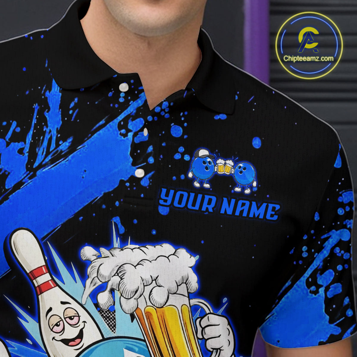 Custom Blue Funny Beer Bowling Shirt for Men Bowling League Jersey Polo 1/4 Zip Bowling Outfit QZT822