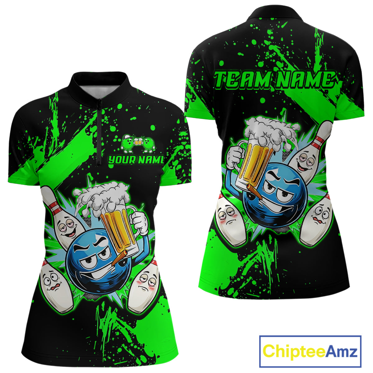Custom Green Funny Beer Bowling Shirt for Women Bowling League Jersey Polo 1/4 Zip Bowling Outfit QZT822
