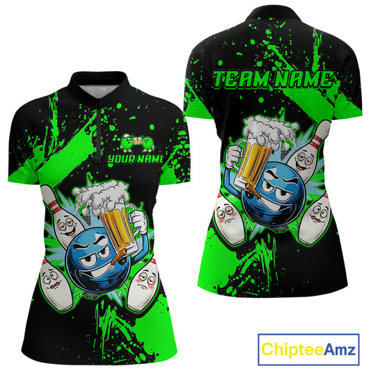 Custom Green Funny Beer Bowling Shirt for Women Bowling League Jersey Polo 1/4 Zip Bowling Outfit QZT822