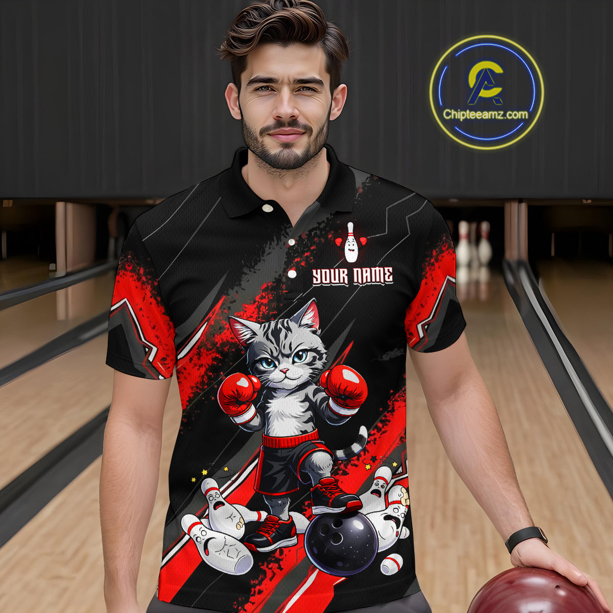 Funny Red Cat Boxing Bowling Team Jersey Personalized Polo & 1/4 Zip Shirt for Men Bowling League QZT825