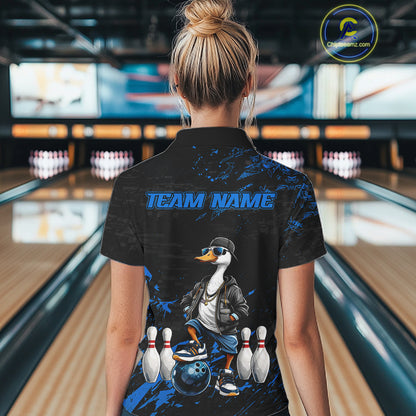 Personalized Blue Funny Goose Bowling Team Shirt for Women Bowling League Jersey Polo & 1/4-Zip QZT877